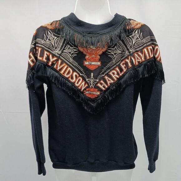 Vintage Harley Davidson Fringe Sweatshirt Black & Orange Graphic Biker Crewneck - Picture 5 of 11
